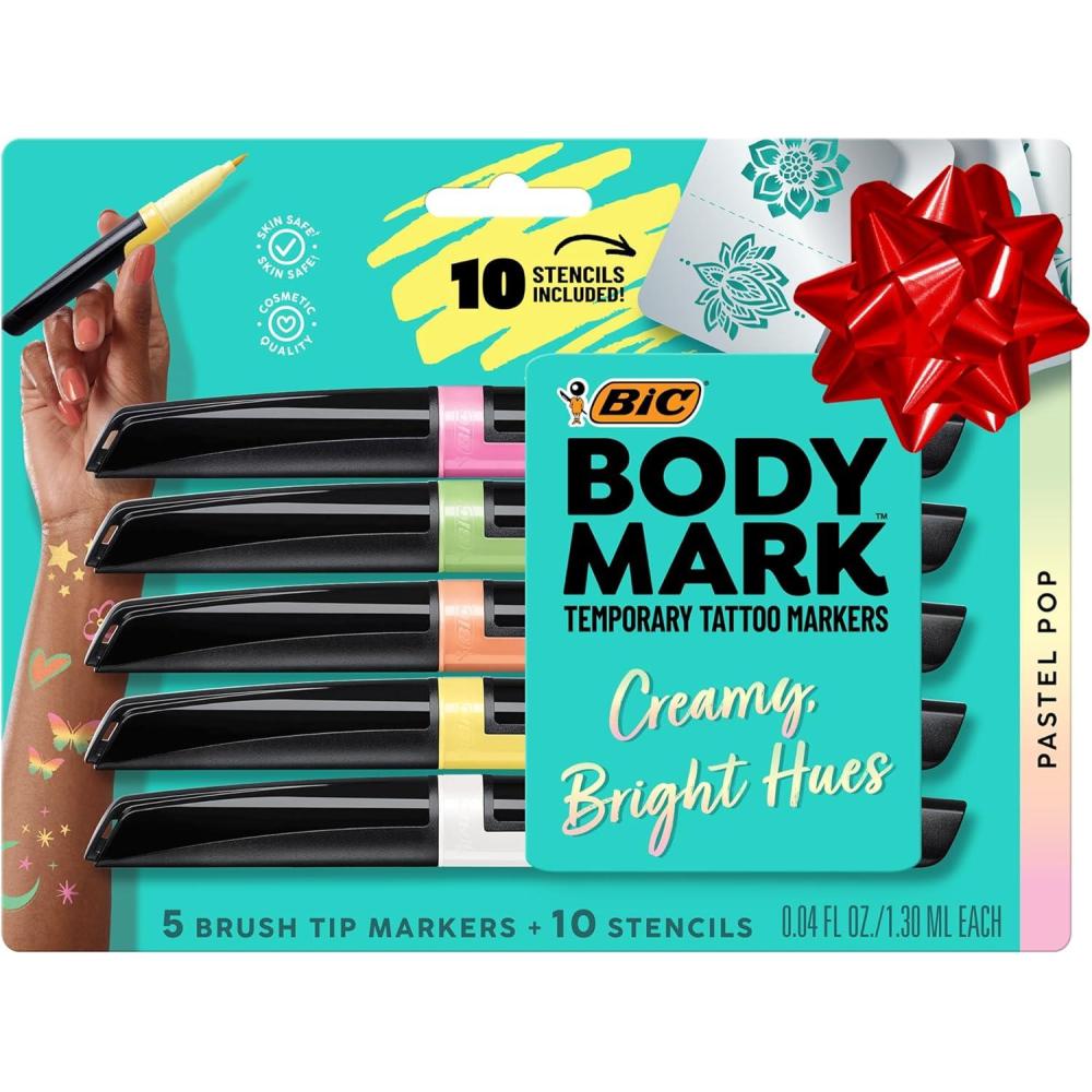 imageBIC BodyMark Body Art Markers Pastel Pop Flexible Brush Tip 5Count Pack of Assorted Colors SkinSafe Cosmetic Quality