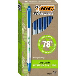 imageBIC Ecolutions Clic Stic Blue Ballpoint Pens Medium Point 10mm 12Count Pack Retractable Ball Point Pens Made from 78 Recycled Plastic