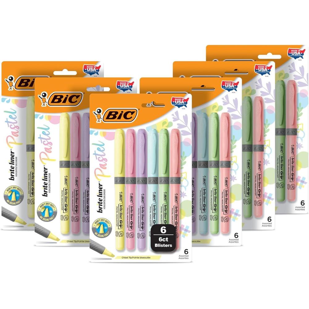 imageBIC Brite Liner Grip Pastel Highlighter Set GBLD36EAST Chisel Tip 36Count Pack of Pastel Highlighters in Assorted Colors Cute Highlighters for Bullet Journaling Note Taking and More6 Count Pack of 6