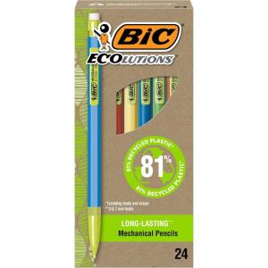 imageBIC Ecolutions Mechanical Pencils with Erasers With Colorful Barrel Medium Point 07mm 24Count Pack Mechanical Pencils Made from 81 Recycled Plastic Excluding Leads and Erasers MPE24BLK