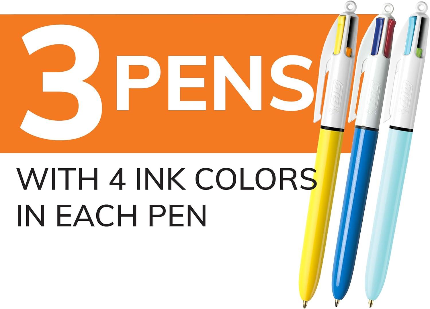 imageBIC 4 Color Pastel Barrel Multicolor Ballpoint Pens Medium Point 10 mm Pack of 6 Pens with Black Blue Green and Red Ink10 Assorted Ink Colors