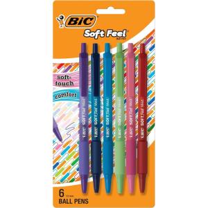 imageBIC Soft Feel Ballpoint Pen with 10 mm Medium Point and Retractable Design 6Count in Black InkPurple  Blue  Light Blue  Light Green  Pink  Red Ink