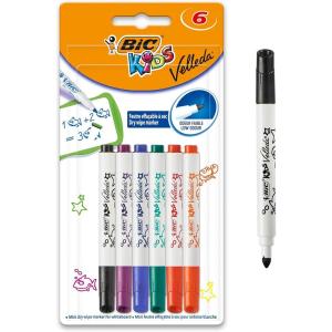 imageBic Kids Mini Velleda Whiteboard Markers Pens  Pack of 6  Assorted Colours  Fine Bullet Nib Dry Wipe MarkersWhiteboard Markers Pens