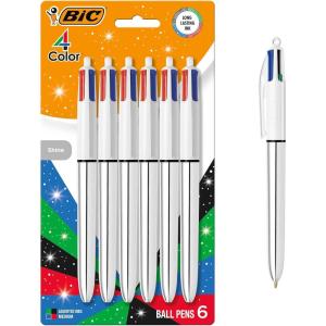 imageBIC 4 Color Shine Retractable Ballpoint Pen with 10 mm Medium Point and Metallic Silver Barrel 6Count in Assorted Ink