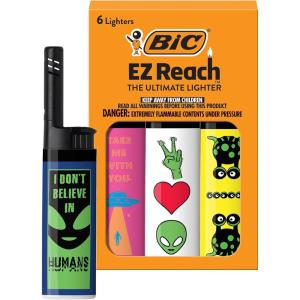 image:imageBIC EZ Reach Candle Lighter The Ultimate Lighter with Wand for Candles Counterculture Shrooms 420 Assorted Designs 6 Count Pack of Lighters WineAlien UFO