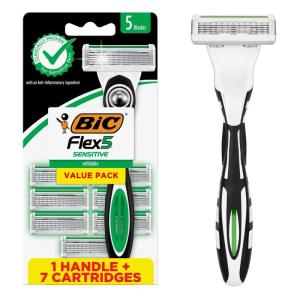 image:imageBIC Flex 5 Sensitive Mens 5Blade Razor Refills Clincally Proven for Sensitive Skin 8 Refill Cartridges 8Pack1 Handle and 7 Cartridges