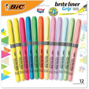 image:imageBIC Brite Liner Grip Highlighters Chisel Tip 16mm Assorted Pastel and Fluorescent For Broad Highlighting amp Fine Underlining 12Count