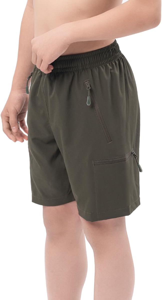 DEVOROPA Boys Athletic Shorts Lightweight Quick Dry Hiking Cargo Shorts with Zipper Pockets for Outdoor RunningArmy Green