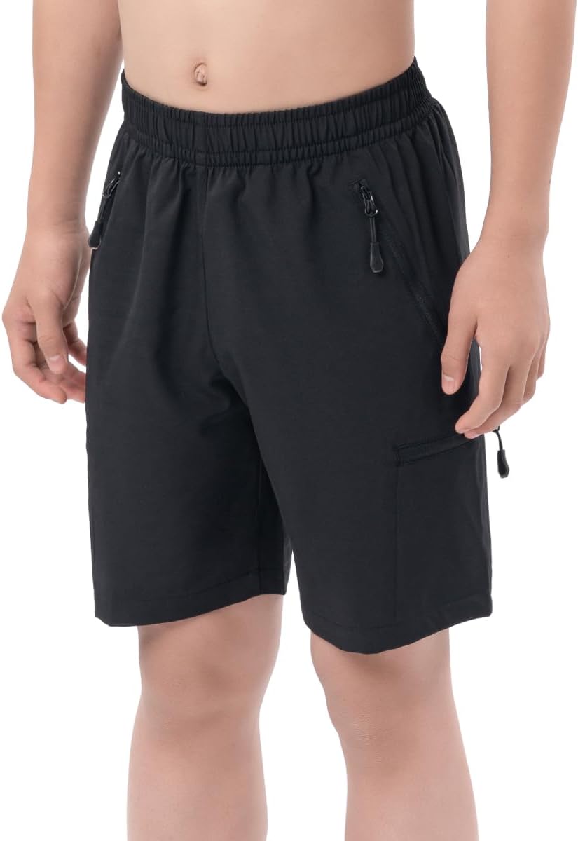 DEVOROPA Boys Athletic Shorts Lightweight Quick Dry Hiking Cargo Shorts with Zipper Pockets for Outdoor RunningBlack