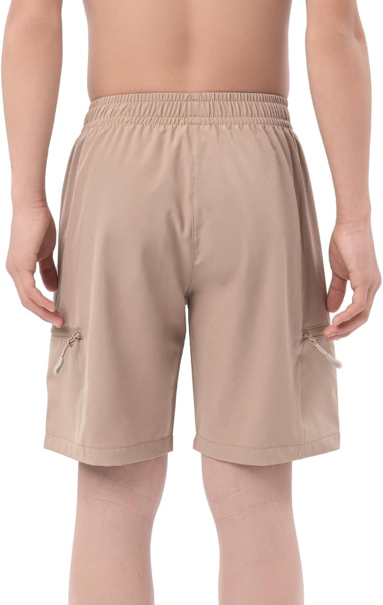 DEVOROPA Boys Athletic Shorts Lightweight Quick Dry Hiking Cargo Shorts with Zipper Pockets for Outdoor RunningKhaki