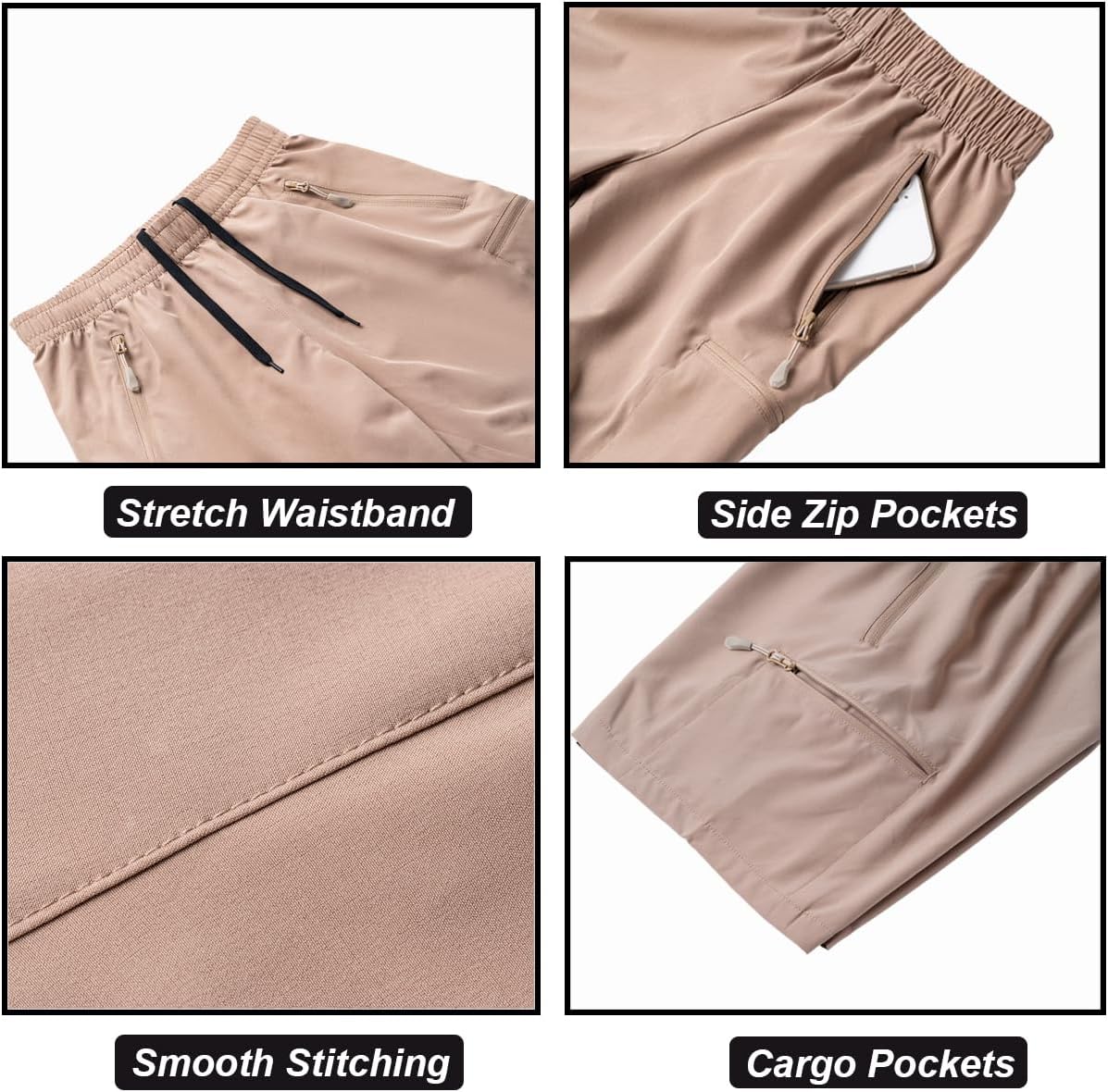 DEVOROPA Boys Athletic Shorts Lightweight Quick Dry Hiking Cargo Shorts with Zipper Pockets for Outdoor RunningKhaki