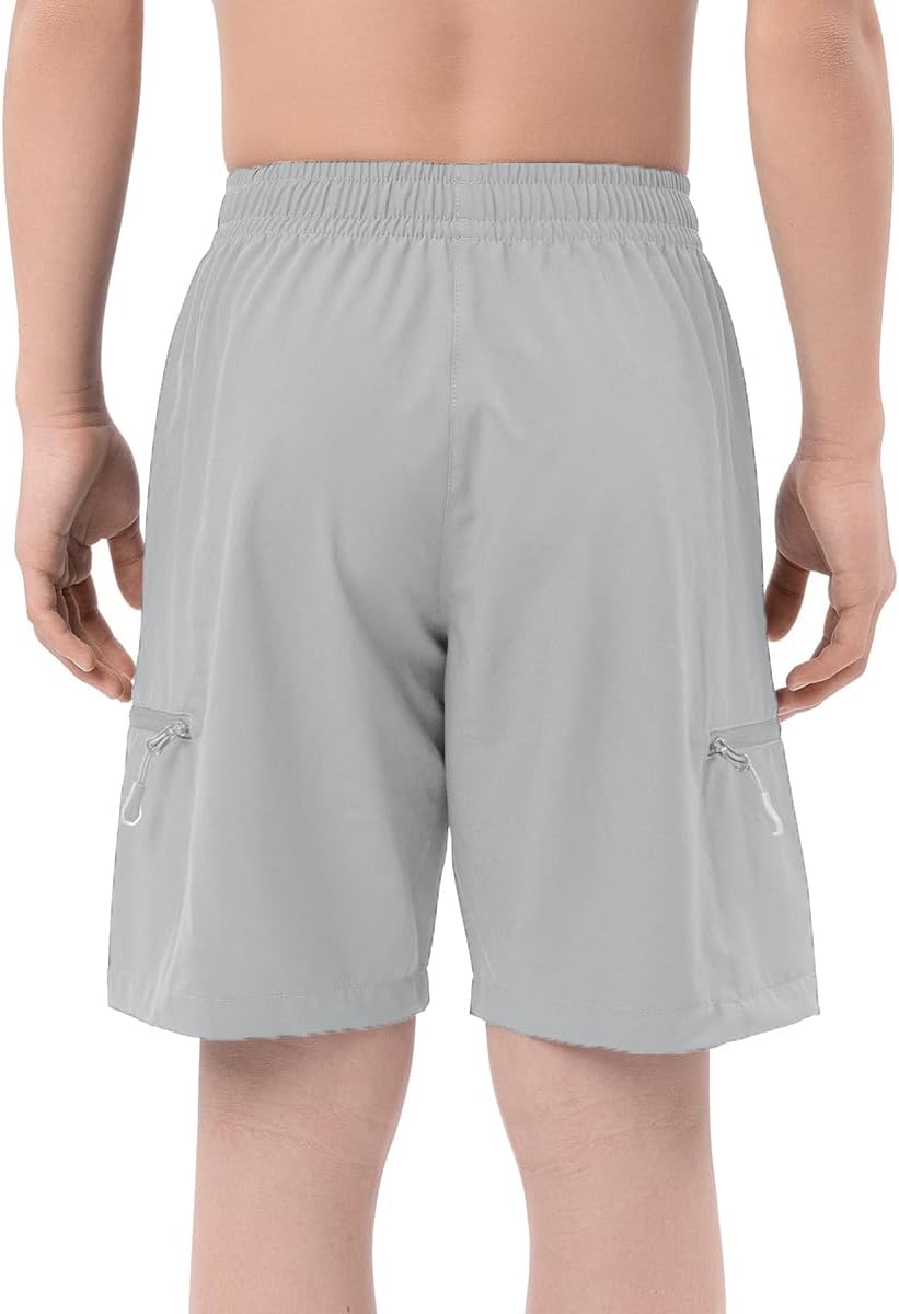 DEVOROPA Boys Athletic Shorts Lightweight Quick Dry Hiking Cargo Shorts with Zipper Pockets for Outdoor RunningLight Gray