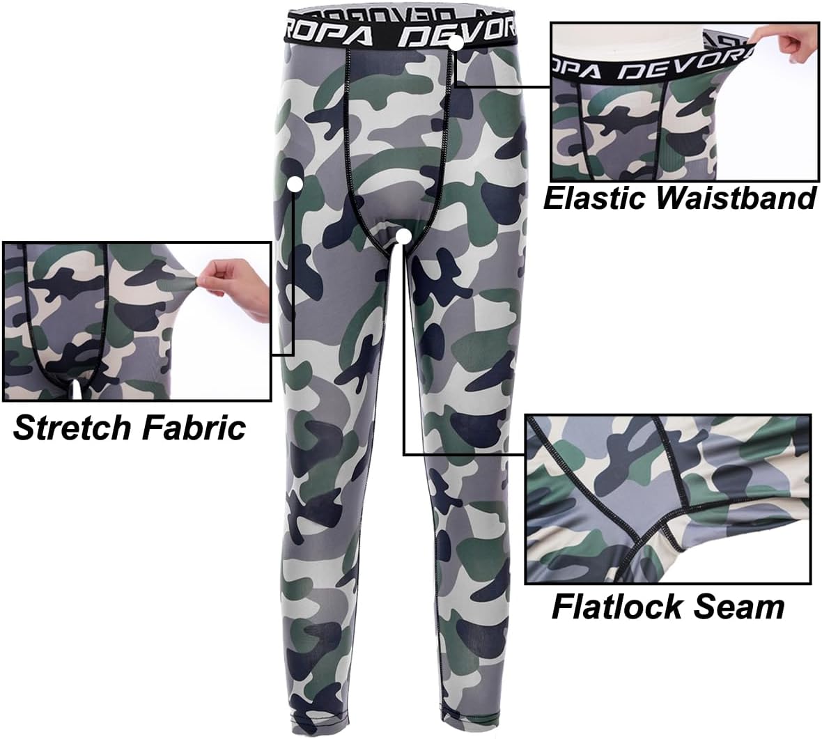 DEVOROPA Boys Leggings Quick Dry Youth Compression Pants Sports Tights Basketball Base Layer34 Camo