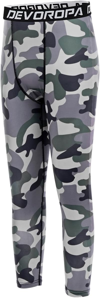 DEVOROPA Boys Leggings Quick Dry Youth Compression Pants Sports Tights Basketball Base Layer34 Camo