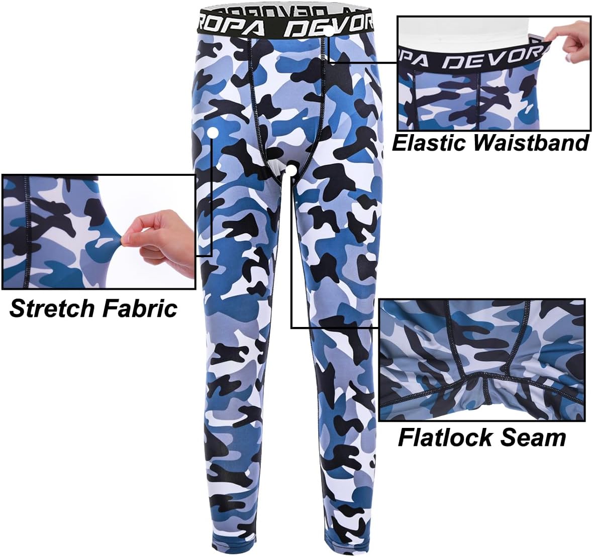 DEVOROPA Boys Leggings Quick Dry Youth Compression Pants Sports Tights Basketball Base Layer34 Camo Blue
