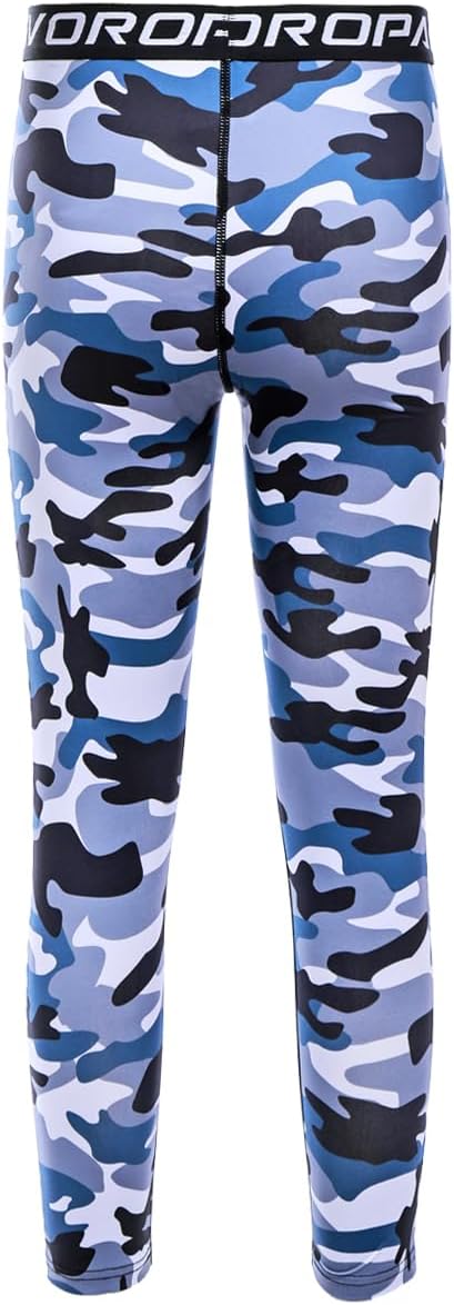DEVOROPA Boys Leggings Quick Dry Youth Compression Pants Sports Tights Basketball Base Layer34 Camo Blue