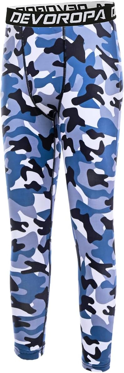 DEVOROPA Boys Leggings Quick Dry Youth Compression Pants Sports Tights Basketball Base Layer34 Camo Blue