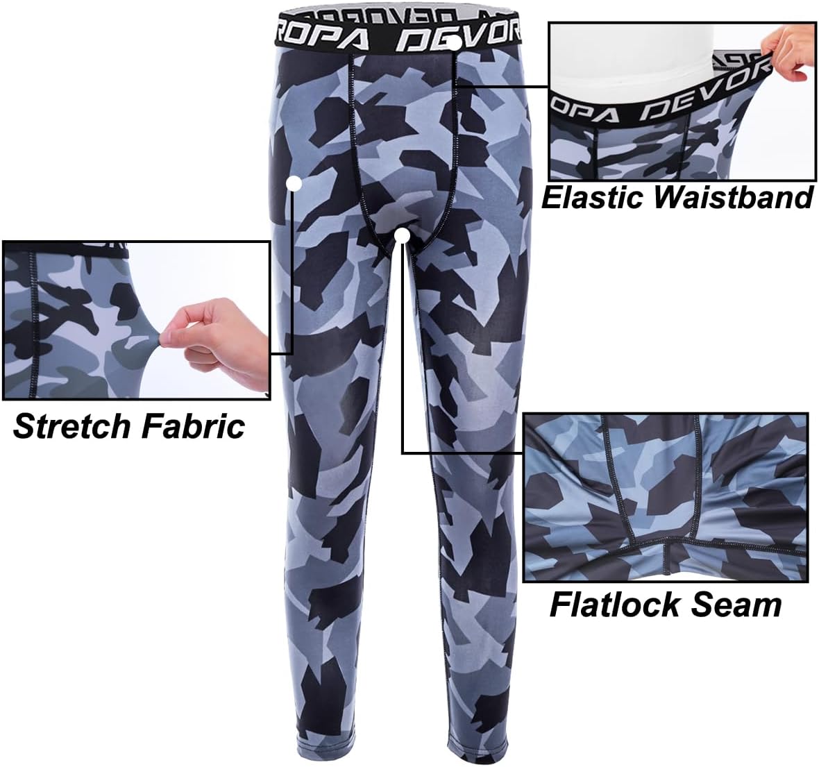 DEVOROPA Boys Leggings Quick Dry Youth Compression Pants Sports Tights Basketball Base Layer34 Camo Gray