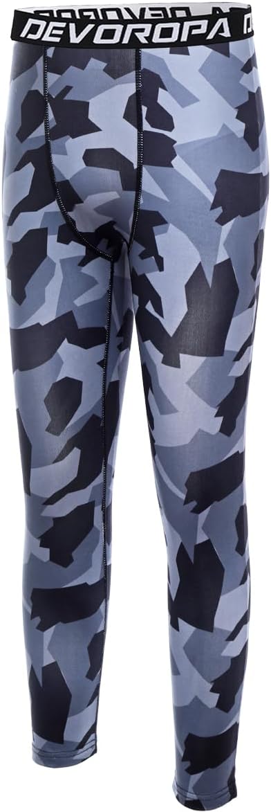 DEVOROPA Boys Leggings Quick Dry Youth Compression Pants Sports Tights Basketball Base Layer34 Camo Gray