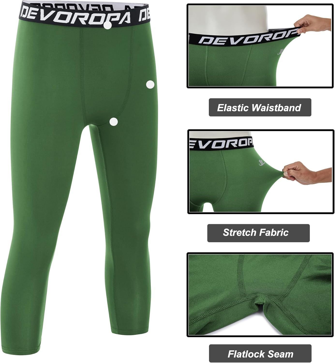 DEVOROPA Boys Leggings Quick Dry Youth Compression Pants Sports Tights Basketball Base Layer34 Green