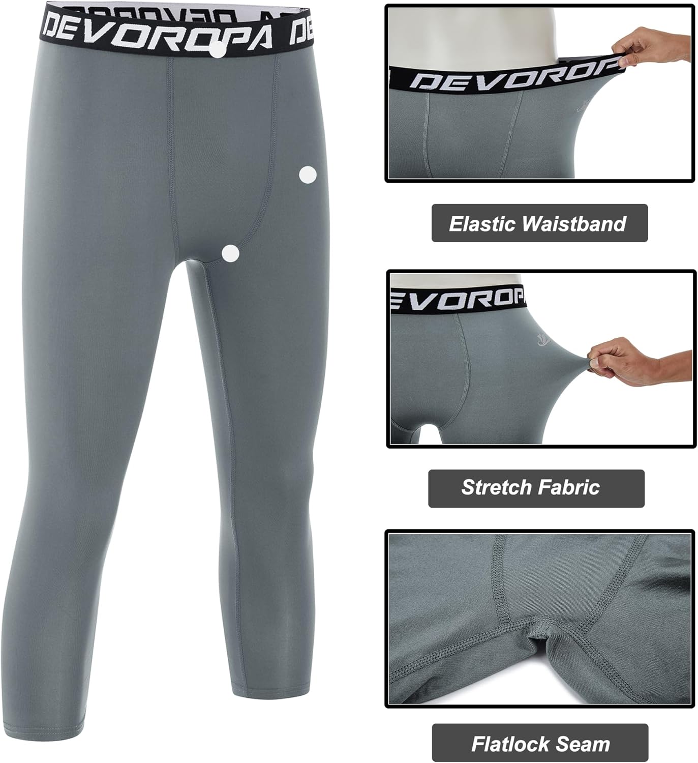 DEVOROPA Boys Leggings Quick Dry Youth Compression Pants Sports Tights Basketball Base Layer34 Light Grey