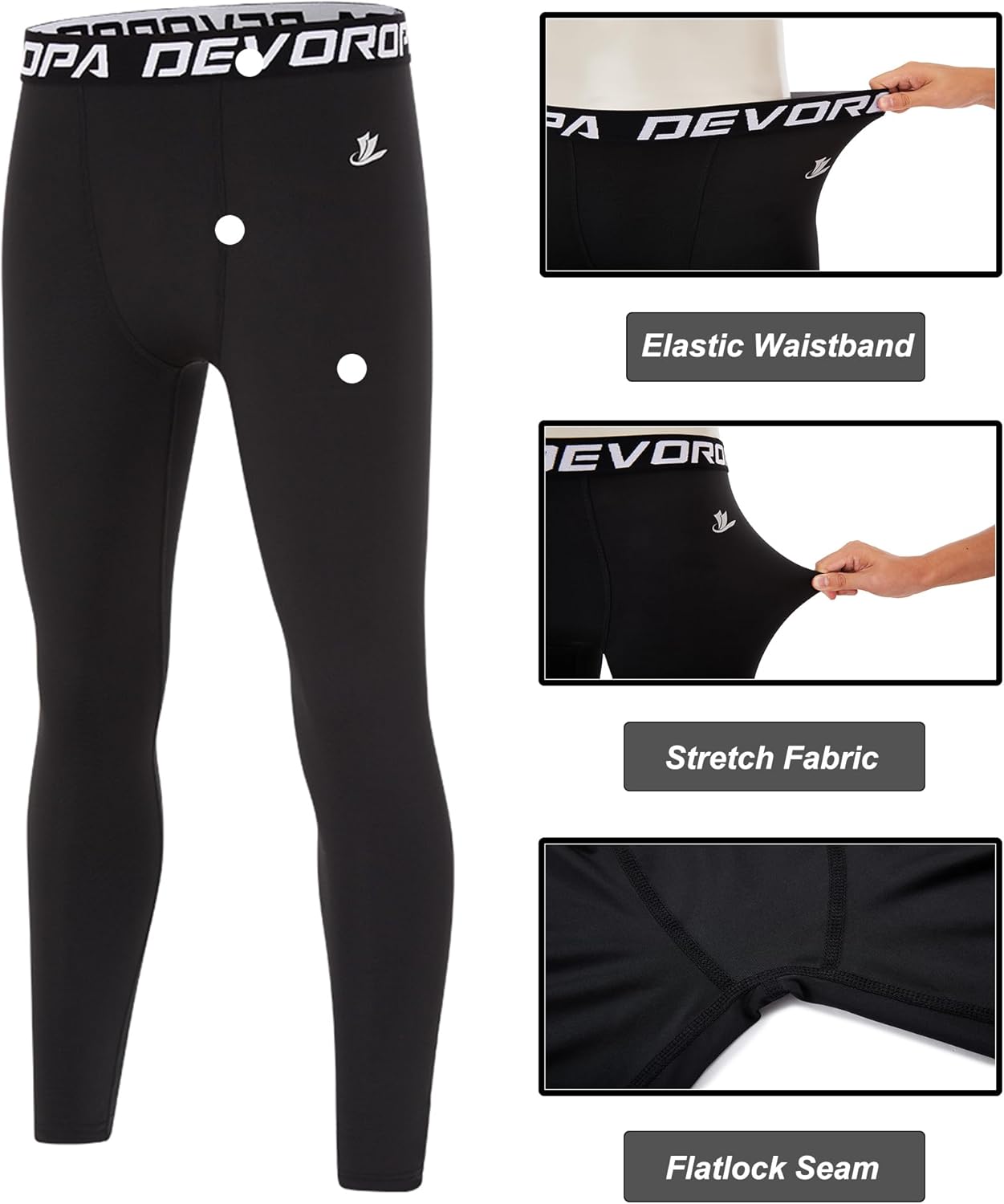 DEVOROPA Boys Leggings Quick Dry Youth Compression Pants Sports Tights Basketball Base LayerBlackBlack2pack