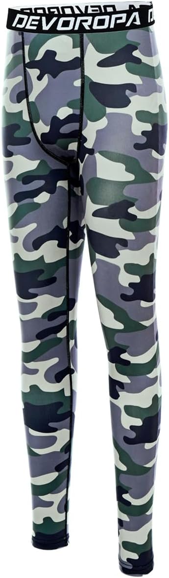 DEVOROPA Boys Leggings Quick Dry Youth Compression Pants Sports Tights Basketball Base LayerCamo