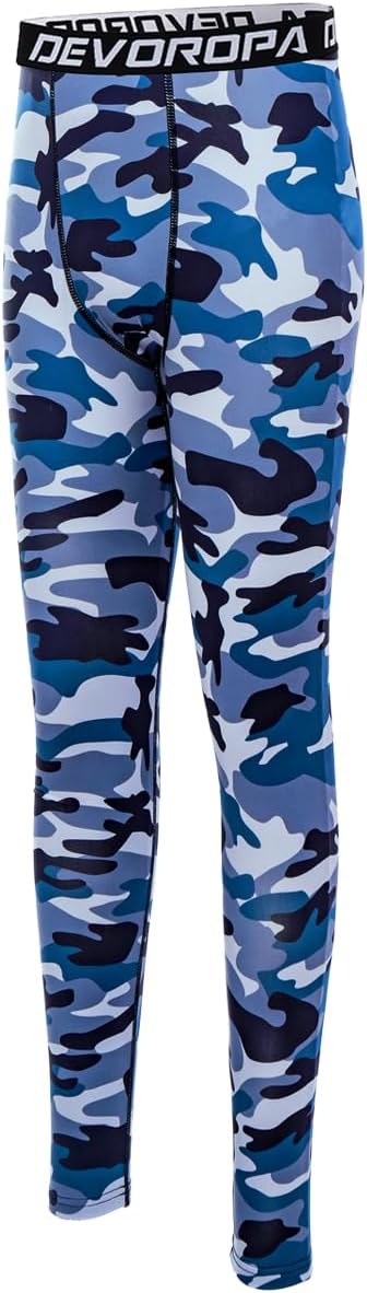DEVOROPA Boys Leggings Quick Dry Youth Compression Pants Sports Tights Basketball Base LayerCamo Blue