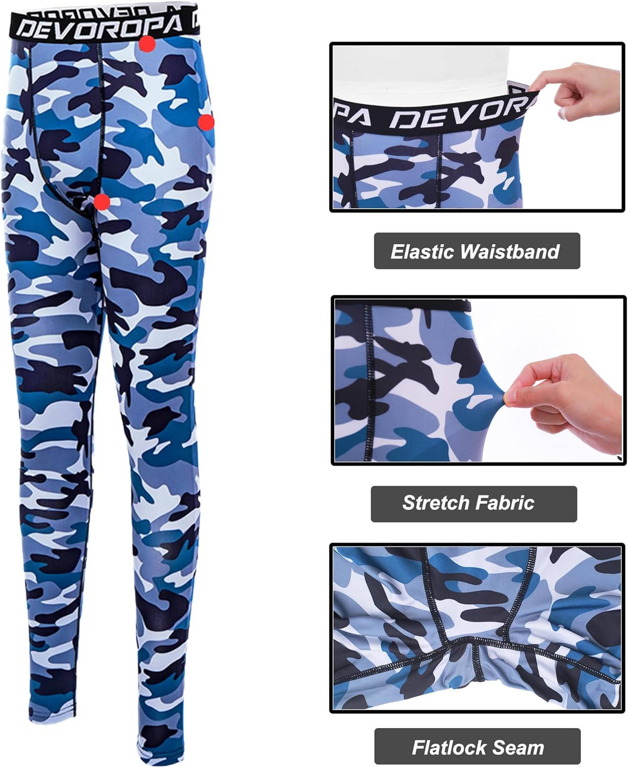 DEVOROPA Boys Leggings Quick Dry Youth Compression Pants Sports Tights Basketball Base LayerCamo Blue