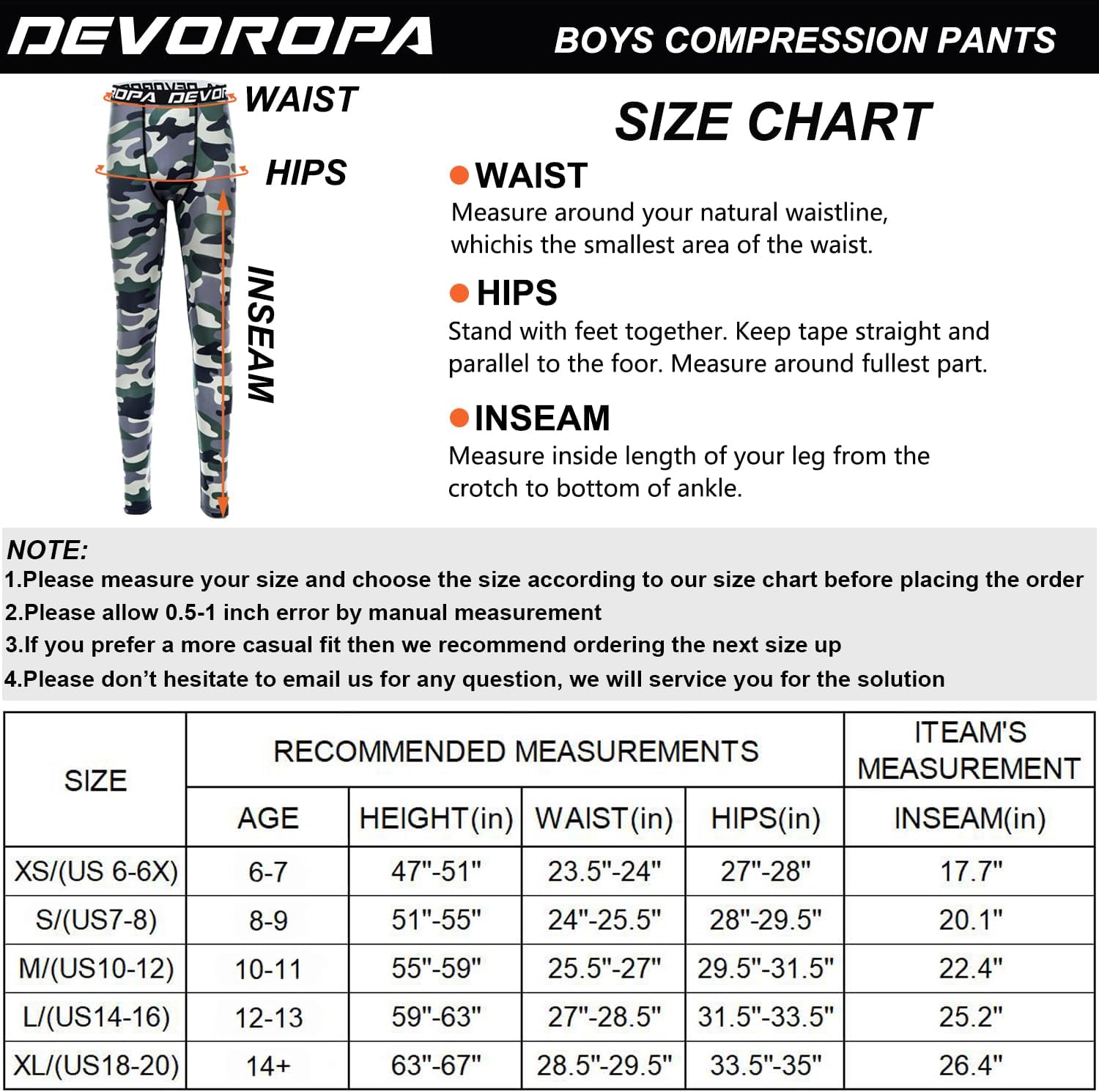 DEVOROPA Boys Leggings Quick Dry Youth Compression Pants Sports Tights Basketball Base LayerCamo Gray