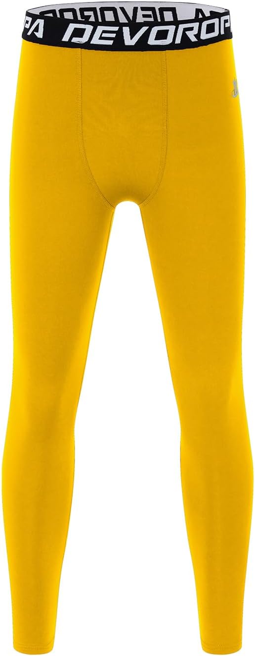 DEVOROPA Boys Leggings Quick Dry Youth Compression Pants Sports Tights Basketball Base LayerGold