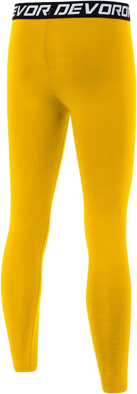 DEVOROPA Boys Leggings Quick Dry Youth Compression Pants Sports Tights Basketball Base LayerGold