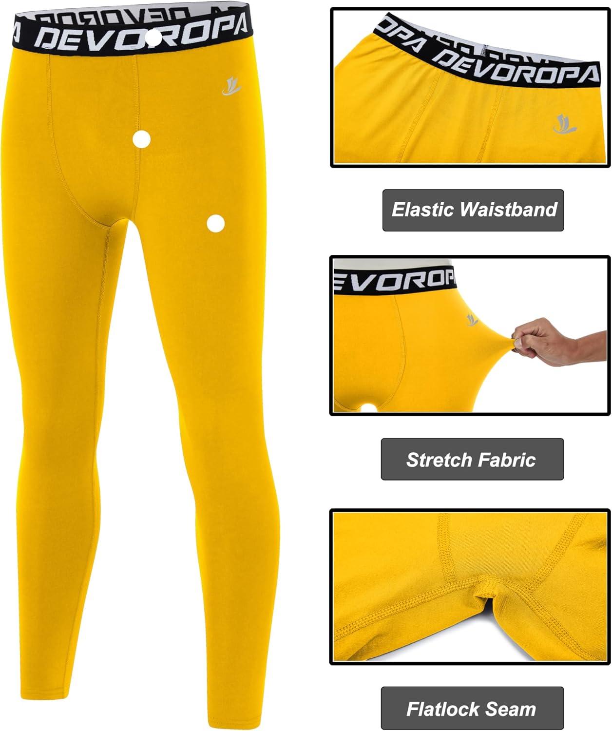 DEVOROPA Boys Leggings Quick Dry Youth Compression Pants Sports Tights Basketball Base LayerGold