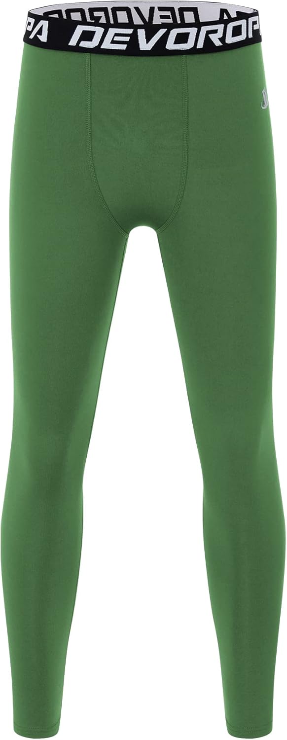DEVOROPA Boys Leggings Quick Dry Youth Compression Pants Sports Tights Basketball Base LayerGreen