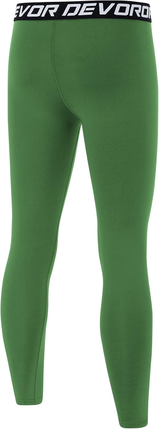 DEVOROPA Boys Leggings Quick Dry Youth Compression Pants Sports Tights Basketball Base LayerGreen