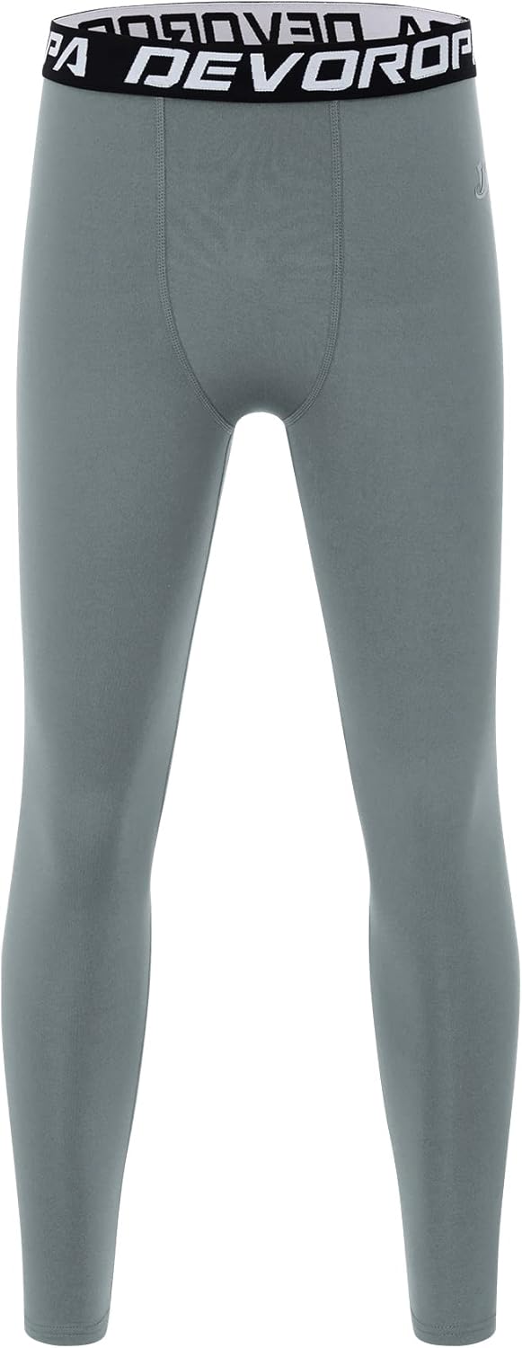 DEVOROPA Boys Leggings Quick Dry Youth Compression Pants Sports Tights Basketball Base LayerLight Gray