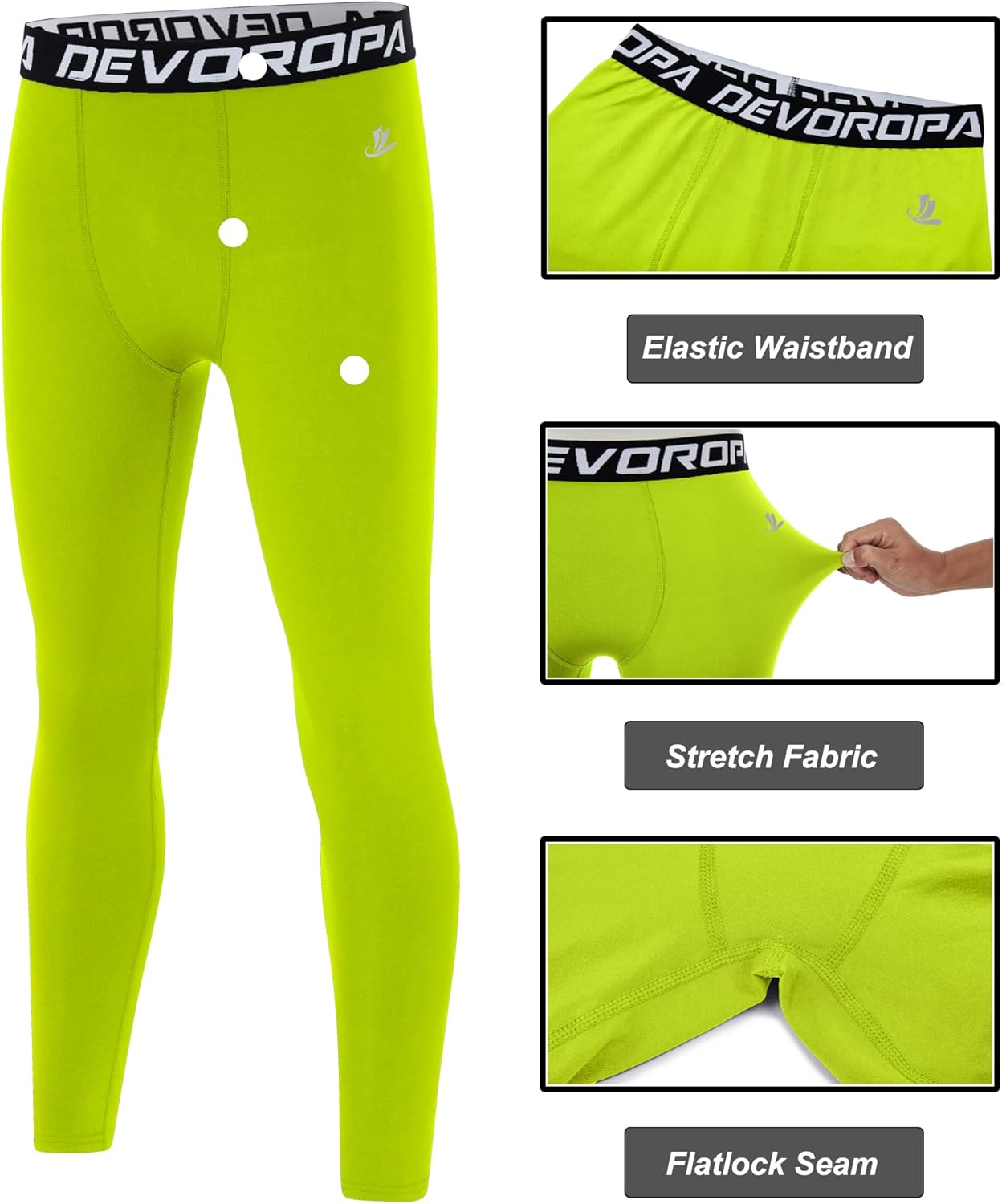 DEVOROPA Boys Leggings Quick Dry Youth Compression Pants Sports Tights Basketball Base LayerLime