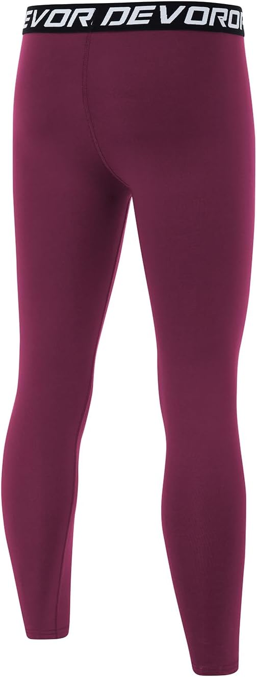 DEVOROPA Boys Leggings Quick Dry Youth Compression Pants Sports Tights Basketball Base LayerMaroon