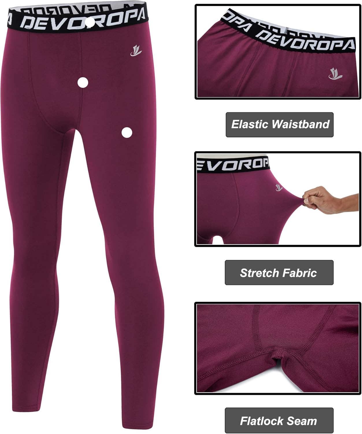 DEVOROPA Boys Leggings Quick Dry Youth Compression Pants Sports Tights Basketball Base LayerMaroon