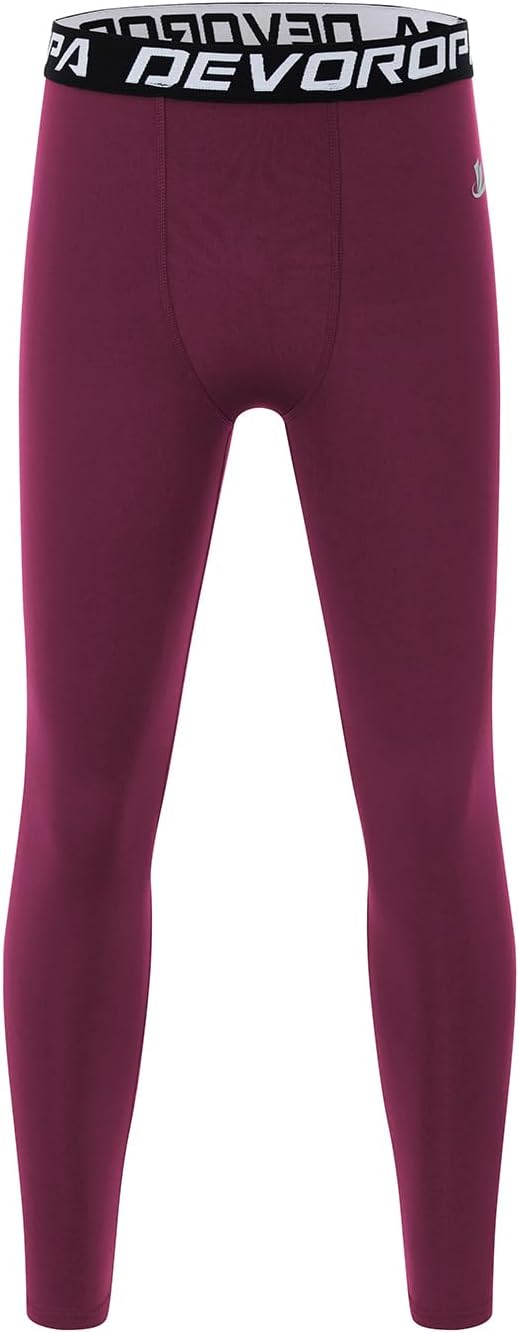 DEVOROPA Boys Leggings Quick Dry Youth Compression Pants Sports Tights Basketball Base LayerMaroon