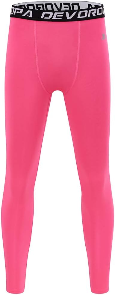 DEVOROPA Boys Leggings Quick Dry Youth Compression Pants Sports Tights Basketball Base LayerPink