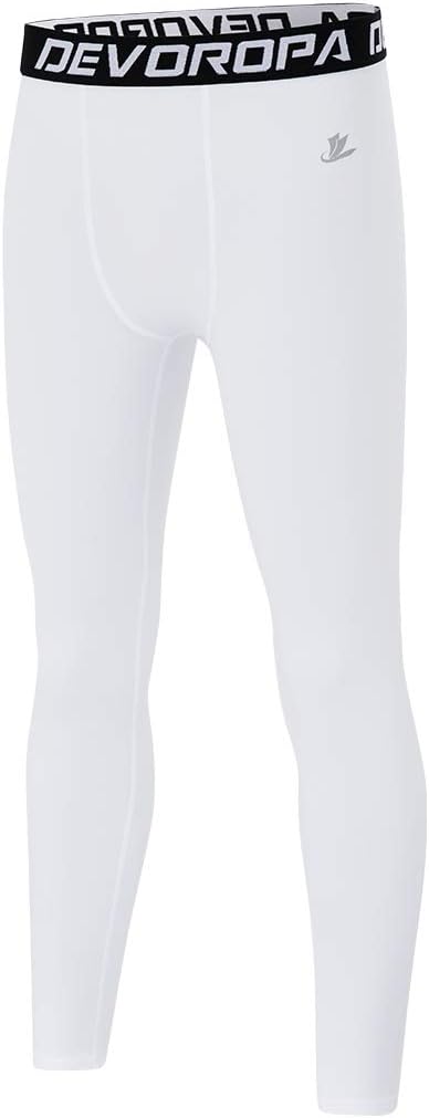 DEVOROPA Boys Leggings Quick Dry Youth Compression Pants Sports Tights Basketball Base LayerWhite