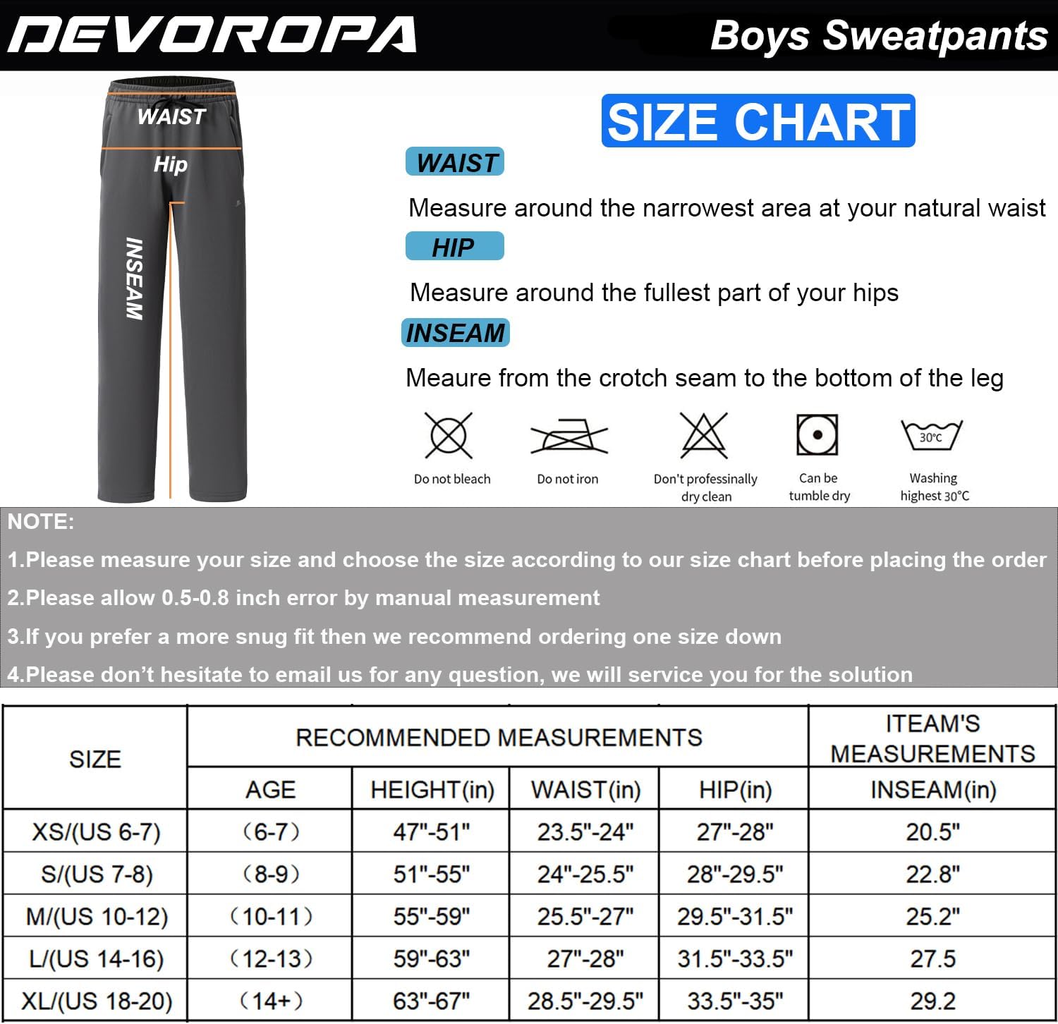 DEVOROPA Boys Sweatpants Open Bottom Water Resistant Youth Kids Track Athletic Running Pants Straight Leg Zipper PocketsRoyal Blue