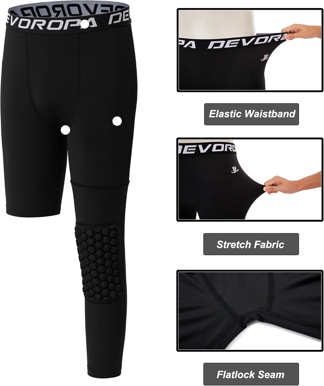 DEVOROPA Youth Boys Compression Pants with Knee Pads 34 Basketball Athletic Tights Quick Dry Sports Workout LeggingsBlackleft Long