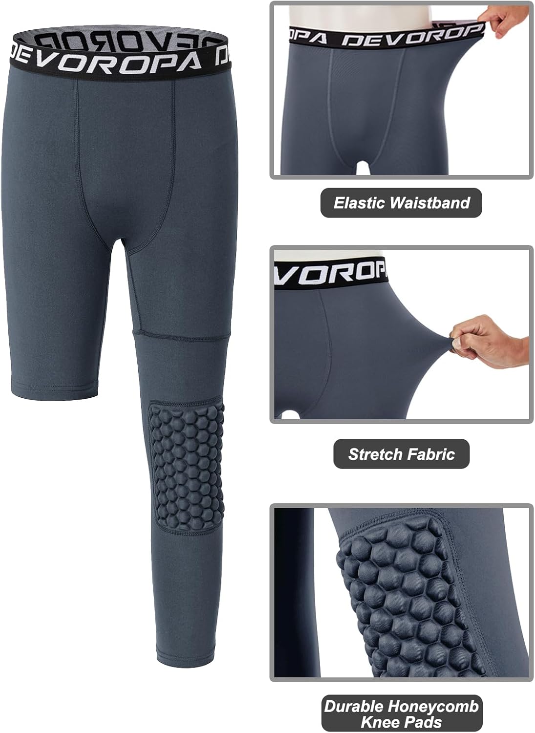 DEVOROPA Youth Boys Compression Pants with Knee Pads 34 Basketball Athletic Tights Quick Dry Sports Workout LeggingsDark Grayleft Long