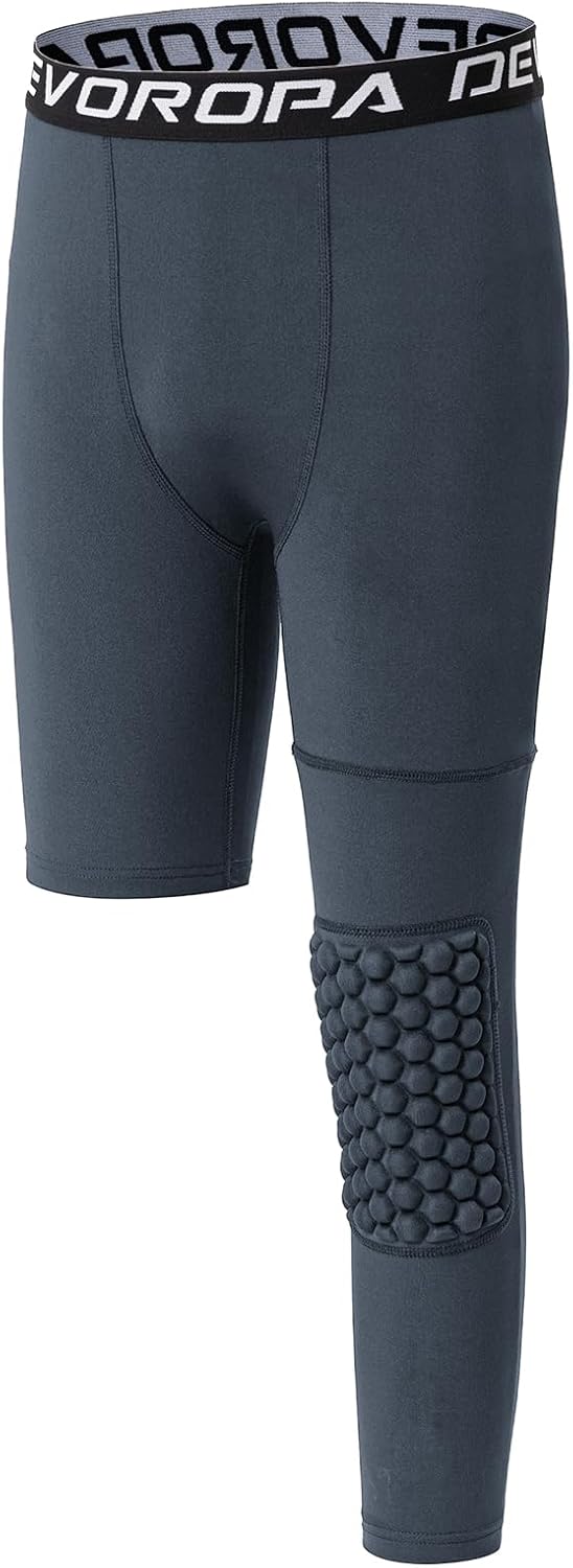 DEVOROPA Youth Boys Compression Pants with Knee Pads 34 Basketball Athletic Tights Quick Dry Sports Workout LeggingsDark Grayleft Long