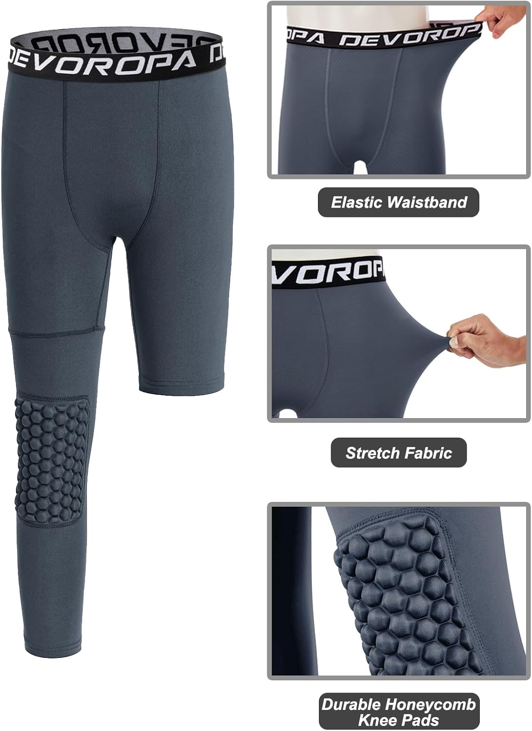 DEVOROPA Youth Boys Compression Pants with Knee Pads 34 Basketball Athletic Tights Quick Dry Sports Workout LeggingsDark Grayright Long