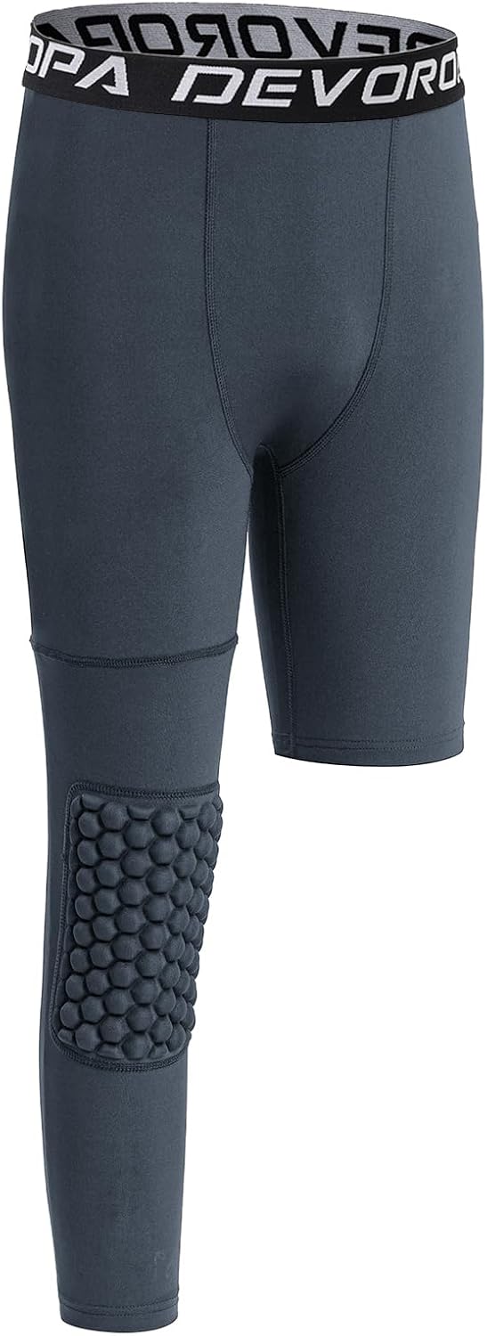 DEVOROPA Youth Boys Compression Pants with Knee Pads 34 Basketball Athletic Tights Quick Dry Sports Workout LeggingsDark Grayright Long
