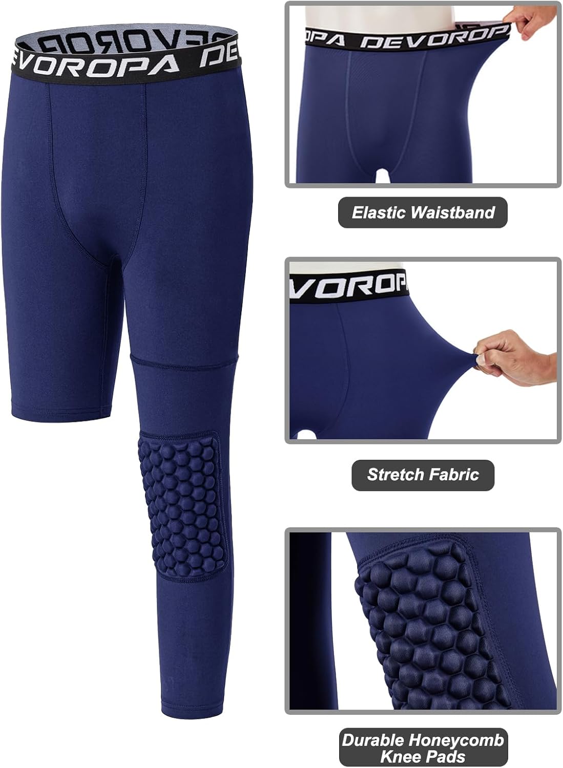DEVOROPA Youth Boys Compression Pants with Knee Pads 34 Basketball Athletic Tights Quick Dry Sports Workout LeggingsNavyleft Long