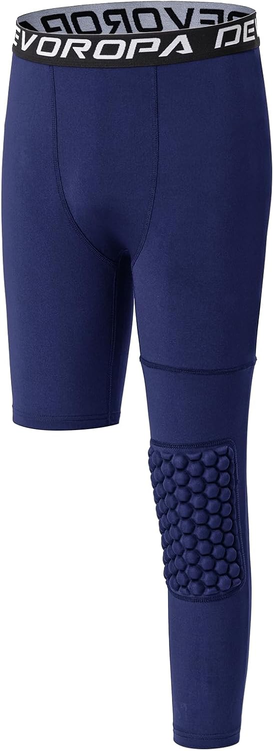 DEVOROPA Youth Boys Compression Pants with Knee Pads 34 Basketball Athletic Tights Quick Dry Sports Workout LeggingsNavyleft Long